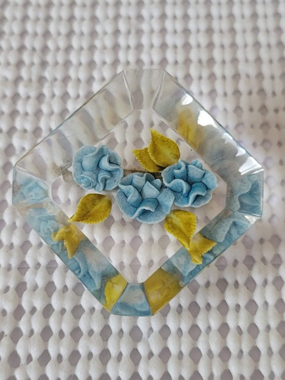 VTg Reverse Carved Lucite Brooch Pin Blue Flowers Yellow Leaves Diamond Shape